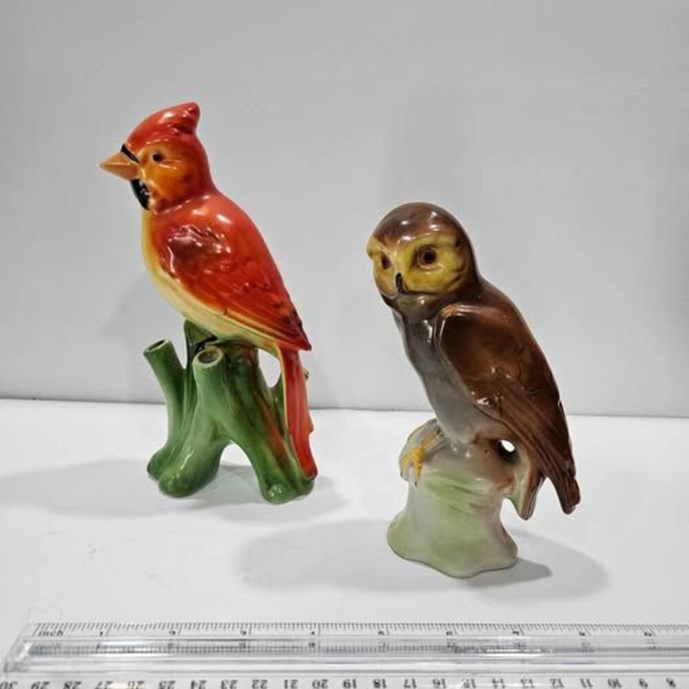 German Vintage Ceramic Cardinal and Owl Figurines